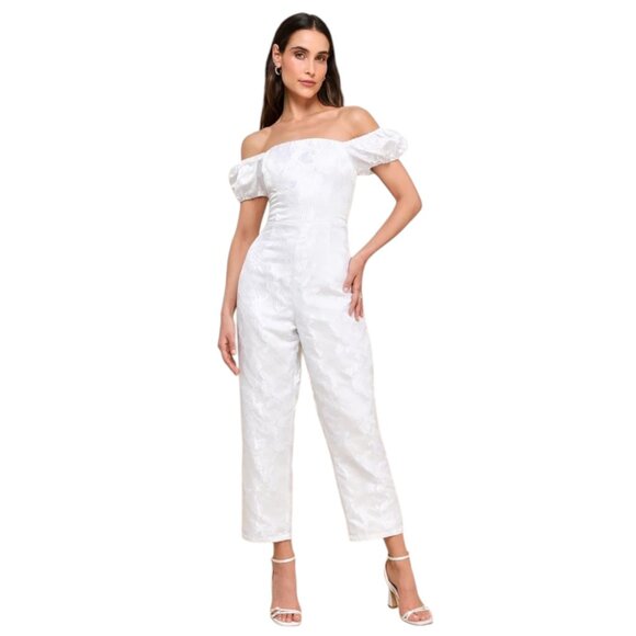 Lulus Pants - Lulus White Off the Shoulder Cropped Jumpsuit NWT Size Medium Wedding Jumpsuit